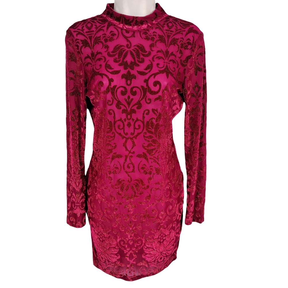NWT Womens L IRIS Damask Velvet Burnout Mini Dress Magenta Glitter Glam Y2K